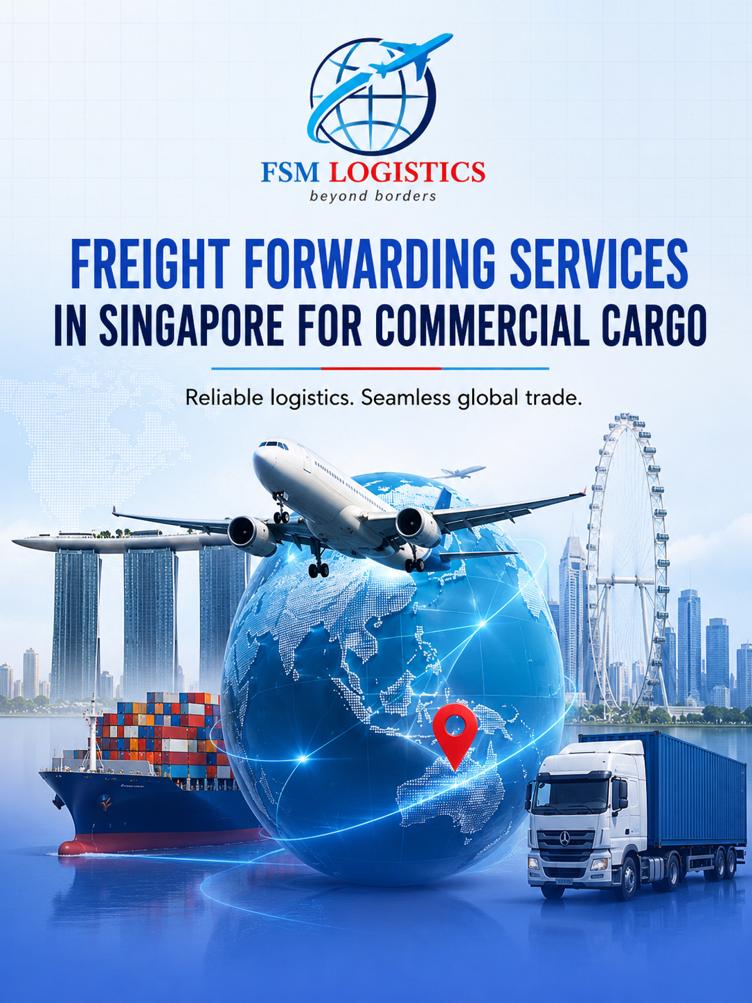 Logistics containers, truck and cargo ship